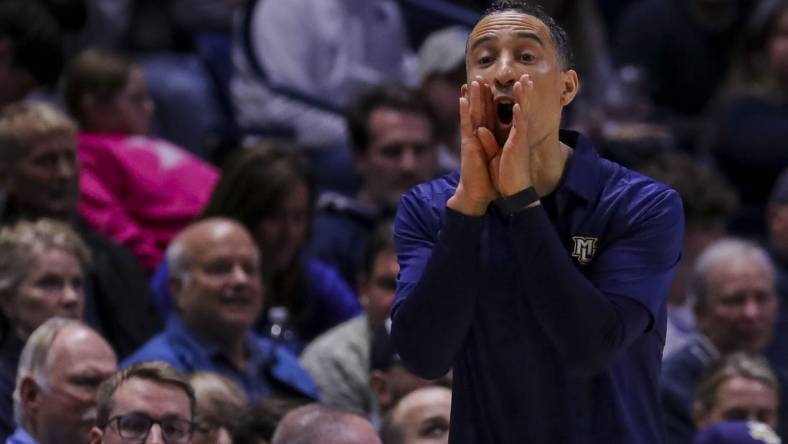 Mar 9, 2024; Cincinnati, Ohio, USA; Marquette Golden Eagles head coach Shaka Smart yells to his team during the second half against the Xavier Musketeers at Cintas Center. Mandatory Credit: Katie Stratman-USA TODAY Sports