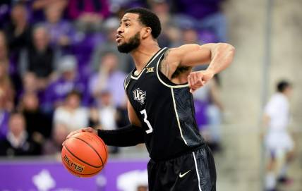 Mar 9, 2024; Fort Worth, Texas, USA;  UCF Knights guard Darius Johnson (3) reacts during the second half against the TCU Horned Frogs at Ed and Rae Schollmaier Arena. Mandatory Credit: Kevin Jairaj-USA TODAY Sports