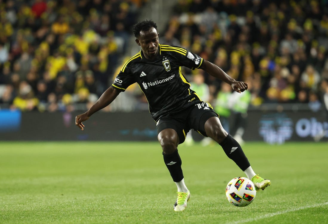 Mar 9, 2024; Columbus, Ohio, USA; Columbus Crew midfielder Yaw Yeboah (14) controls the ball against against the Chicago Fire FC in the first half  at Lower.com Field. Mandatory Credit: Trevor Ruszkowski-USA TODAY Sports