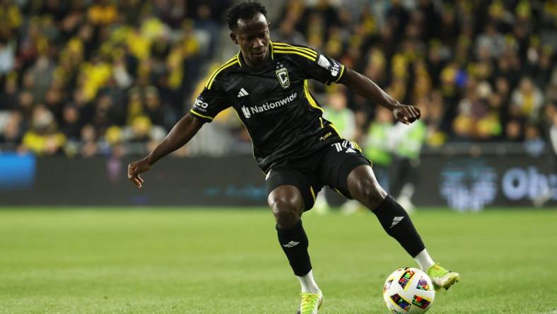 Mar 9, 2024; Columbus, Ohio, USA; Columbus Crew midfielder Yaw Yeboah (14) controls the ball against against the Chicago Fire FC in the first half  at Lower.com Field. Mandatory Credit: Trevor Ruszkowski-USA TODAY Sports