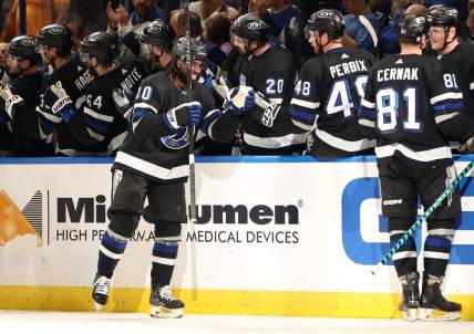 Mar 9, 2024; Tampa, Florida, USA; Tampa Bay Lightning left wing Anthony Duclair (10) is congratulated after he scores a goal against the Philadelphia Flyers during the second period at Amalie Arena. Mandatory Credit: Kim Klement Neitzel-USA TODAY Sports