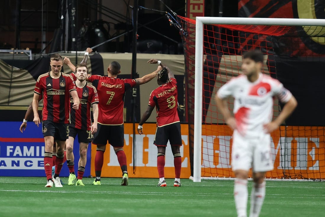 Mar 9, 2024; Atlanta, Georgia, USA;  Atlanta United forward Giorgos Giakoumakis (7) celebrates his goal against the New England Revolution in the second half at Mercedes-Benz Stadium. Mandatory Credit: Brett Davis-USA TODAY Sports