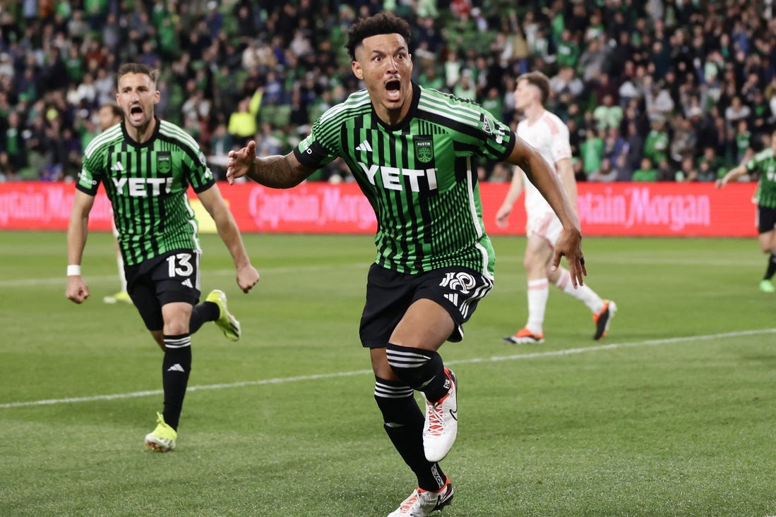 Mar 9, 2024; Austin, Texas, USA; Austin FC defender Julio Cascante (18) celebrates his goal scored against St. Louis CITY SC during the second half at Q2 Stadium. Mandatory Credit: Erich Schlegel-USA TODAY Sports