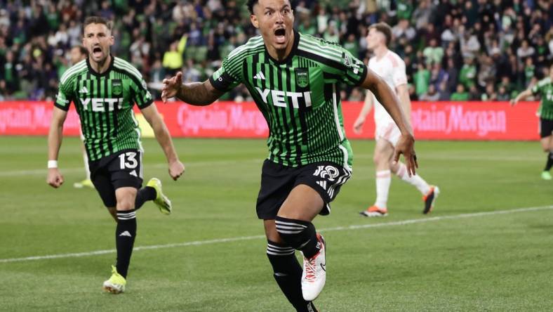 Mar 9, 2024; Austin, Texas, USA; Austin FC defender Julio Cascante (18) celebrates his goal scored against St. Louis CITY SC during the second half at Q2 Stadium. Mandatory Credit: Erich Schlegel-USA TODAY Sports