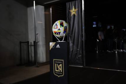 Mar 9, 2024; Los Angeles, California, USA; Game ball sit prior to the start of the game against LAFC and Sporting Kansas City during the first half at BMO Stadium. Mandatory Credit: Kiyoshi Mio-USA TODAY Sports