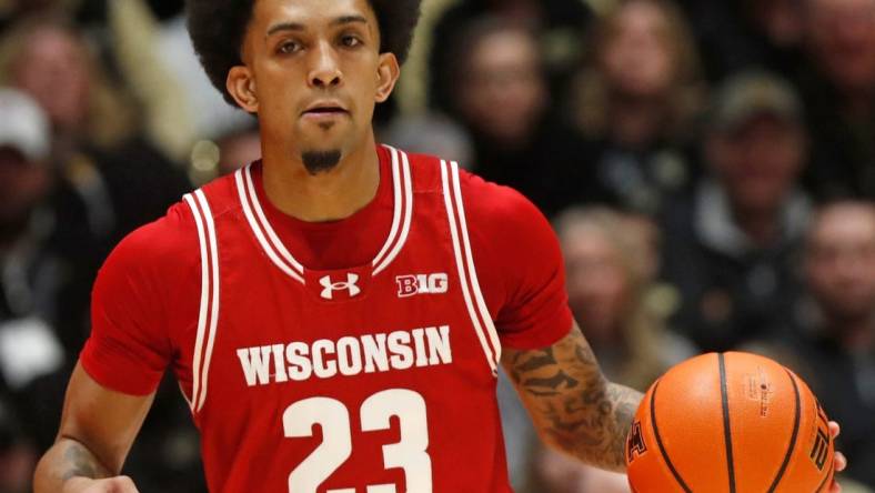 Wisconsin Badgers guard Chucky Hepburn (23) drives to the basket during the NCAA men   s basketball game against the Purdue Boilermakers, Sunday, March 10, 2024, at Mackey Arena in West Lafayette, Ind.