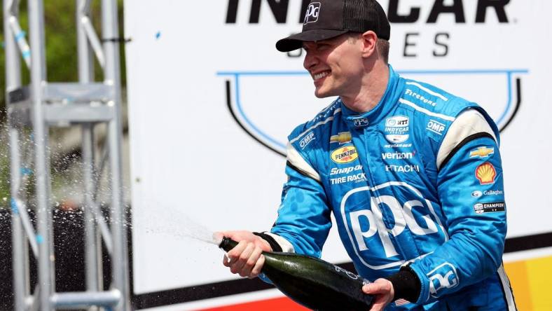 Mar 10, 2024; St. Petersburg, Florida, USA; Indycar driver Josef Newgarden (2) celebrates winning the Grand Prix of St. Petersburg. Mandatory Credit: Peter Casey-USA TODAY Sports