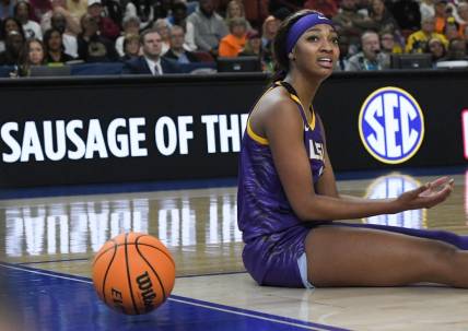 Louisiana State University forward Angel Reese (10) reacts after the ball went out of bounds playing USC during the fourth quarter of the SEC Women's Basketball Tournament Championship game at the Bon Secours Wellness Arena in Greenville, S.C. Sunday, March 10, 2024.