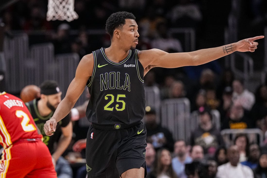 Mar 10, 2024; Atlanta, Georgia, USA; New Orleans Pelicans guard Trey Murphy III (25) reacts after scoring against the Atlanta Hawks during the first half at State Farm Arena. Mandatory Credit: Dale Zanine-USA TODAY Sports