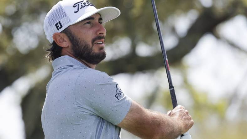 Mar 10, 2024; Orlando, Florida, USA; Max Homa plays his shot from the seventh tee during the final round of the Arnold Palmer Invitational golf tournament. Mandatory Credit: Reinhold Matay-USA TODAY Sports