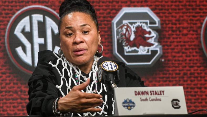 South Carolina Coach Dawn Staley talks with media after USC beat LSU for the SEC Women's Basketball Tournament Championship at the Bon Secours Wellness Arena in Greenville, S.C. Sunday, March 10, 2024.