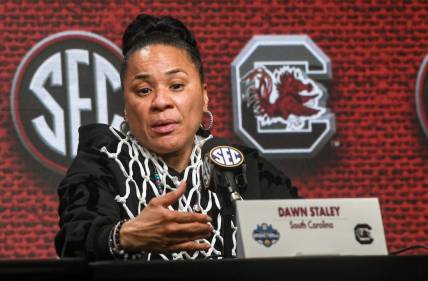 South Carolina Coach Dawn Staley talks with media after USC beat LSU for the SEC Women's Basketball Tournament Championship at the Bon Secours Wellness Arena in Greenville, S.C. Sunday, March 10, 2024.