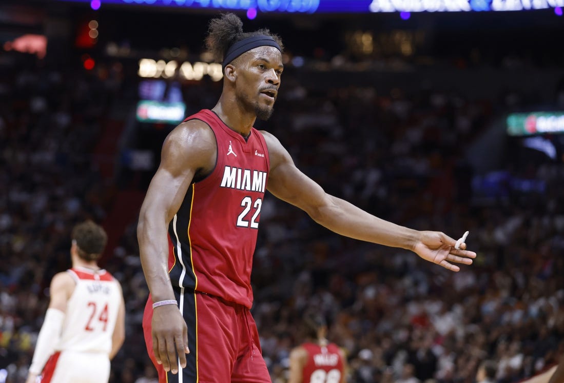 Mar 10, 2024; Miami, Florida, USA; Miami Heat forward Jimmy Butler (22) argues a call against the Washington Wizards in the first half at Kaseya Center. Mandatory Credit: Rhona Wise-USA TODAY Sports