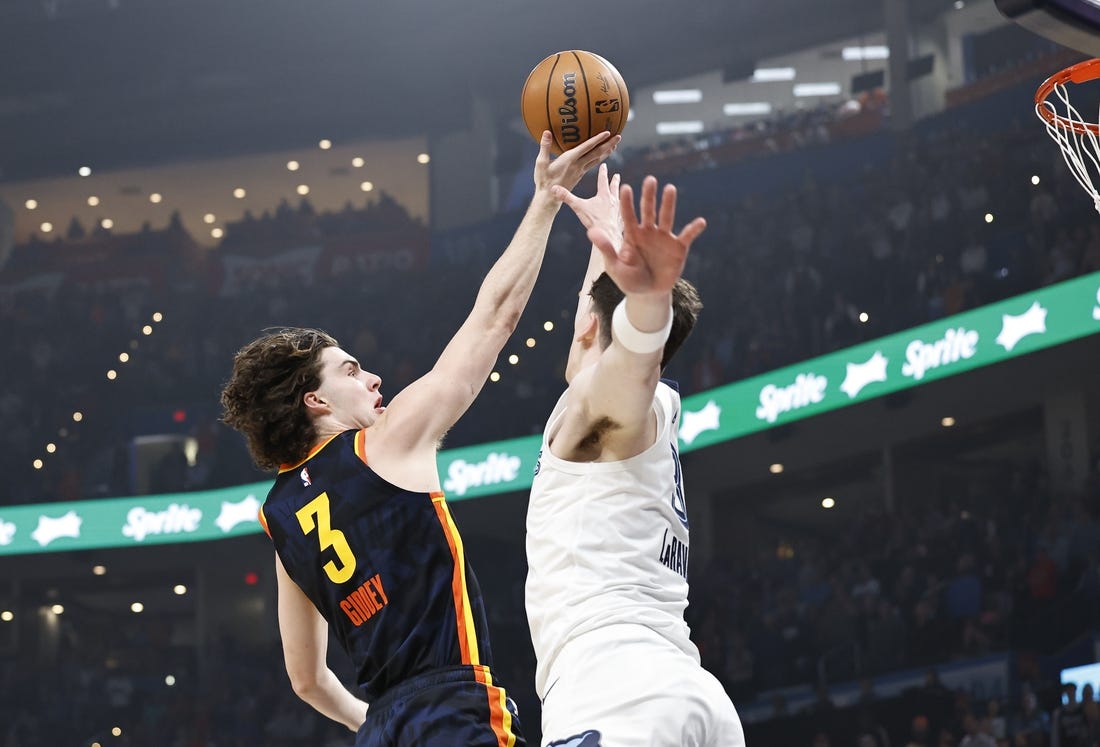 Mar 10, 2024; Oklahoma City, Oklahoma, USA; Oklahoma City Thunder guard Josh Giddey (3) shoots as Memphis Grizzlies forward Jake LaRavia (3) defends during the first quarter at Paycom Center. Mandatory Credit: Alonzo Adams-USA TODAY Sports