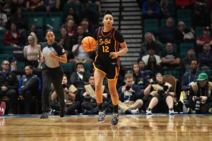 Mar 10, 2024; Las Vegas, NV, USA; Southern California Trojans guard JuJu Watkins (12) dribbles the ball against the Stanford Cardinal in the second half of the Pac-12 Tournament women's championship game at MGM Grand Garden Arena. Mandatory Credit: Kirby Lee-USA TODAY Sports