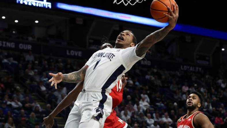 Mar 10, 2024; University Park, Pennsylvania, USA; Penn State Nittany Lions guard Ace Baldwin Jr (1) drives the ball to the basket during the first half against the Maryland Terrapins at Bryce Jordan Center. Mandatory Credit: Matthew O'Haren-USA TODAY Sports