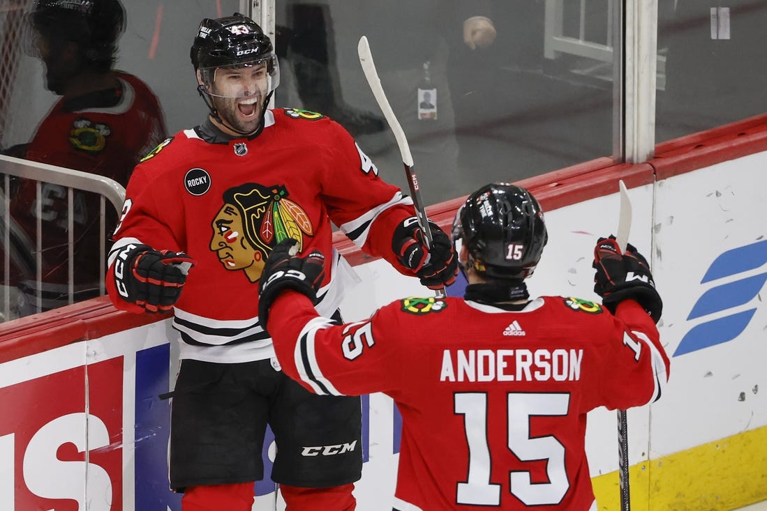 Mar 10, 2024; Chicago, Illinois, USA; Chicago Blackhawks center Colin Blackwell (43) celebrates after scoring against the Arizona Coyotes during the third period at United Center. Mandatory Credit: Kamil Krzaczynski-USA TODAY Sports