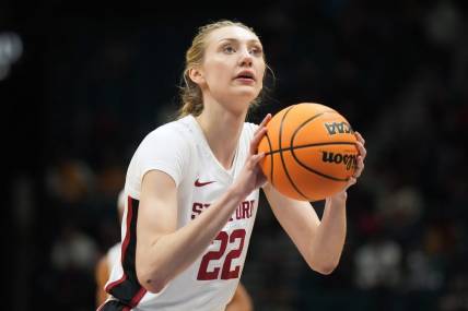 Mar 10, 2024; Las Vegas, NV, USA; Stanford Cardinal forward Cameron Brink (22) shoots the ball against the Southern California Trojans  the first half of the Pac-12 Tournament women's championship game at MGM Grand Garden Arena. Mandatory Credit: Kirby Lee-USA TODAY Sports