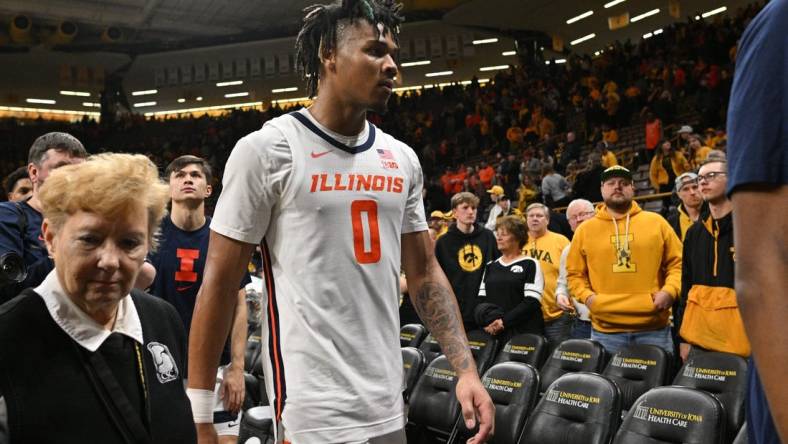 Mar 10, 2024; Iowa City, Iowa, USA; Illinois Fighting Illini guard Terrence Shannon Jr. (0) walks off the court after the game against the Iowa Hawkeyes at Carver-Hawkeye Arena. Mandatory Credit: Jeffrey Becker-USA TODAY Sports