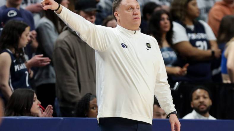 Mar 10, 2024; University Park, Pennsylvania, USA; Penn State Nittany Lions head coach Mike Rhoades gestures from the bench during the first half against the Maryland Terrapins at Bryce Jordan Center. Penn State defeated Maryland 85-69. Mandatory Credit: Matthew O'Haren-USA TODAY Sports