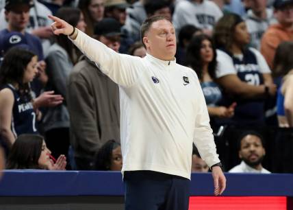 Mar 10, 2024; University Park, Pennsylvania, USA; Penn State Nittany Lions head coach Mike Rhoades gestures from the bench during the first half against the Maryland Terrapins at Bryce Jordan Center. Penn State defeated Maryland 85-69. Mandatory Credit: Matthew O'Haren-USA TODAY Sports