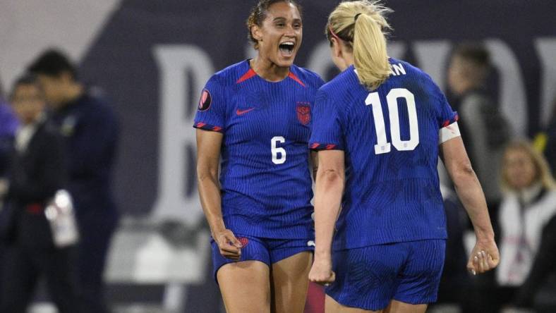 Mar 10, 2024; San Diego, California, USA; United States midfielder Lindsey Horan (10) celebrates the win with forward Lynn Williams (6) against Brazil during the final of the 2024 W Gold Cup at Snapdragon Stadium. Mandatory Credit: Orlando Ramirez-USA TODAY Sports