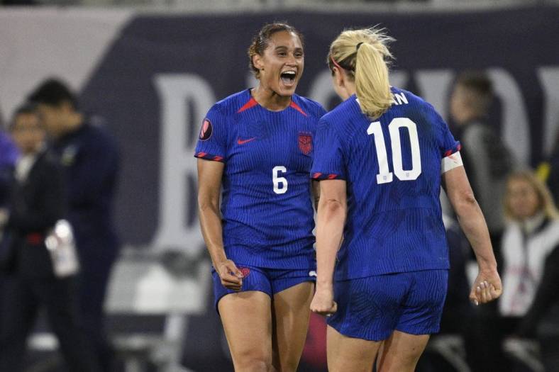 Mar 10, 2024; San Diego, California, USA; United States midfielder Lindsey Horan (10) celebrates the win with forward Lynn Williams (6) against Brazil during the final of the 2024 W Gold Cup at Snapdragon Stadium. Mandatory Credit: Orlando Ramirez-USA TODAY Sports