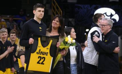 Iowa   s Patrick McCaffery, left, is pictured with his family during senior recognition Sunday, March 10, 2024 at Carver-Hawkeye Arena in Iowa City, Iowa.