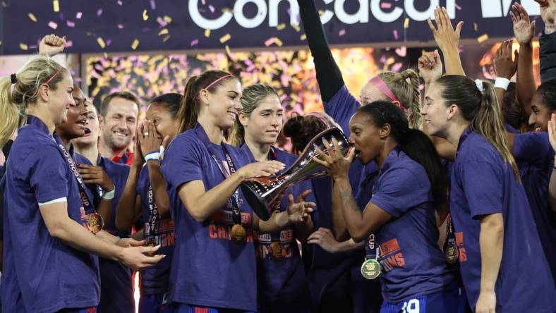 Mar 10, 2024; San Diego, California, USA;  Team USA celebrate the gold medal and trophy presentation after the win over Brazil during the final of the 2024 W Gold Cup at Snapdragon Stadium. Mandatory Credit: Abe Arredondo-USA TODAY Sports