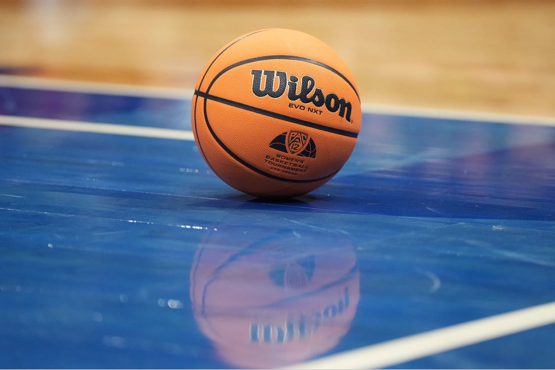 Mar 10, 2024; Las Vegas, NV, USA; A basketball with a Pac-12 Conference logo at the Pac-12 Tournament women's championship game at MGM Grand Garden Arena. Mandatory Credit: Kirby Lee-USA TODAY Sports