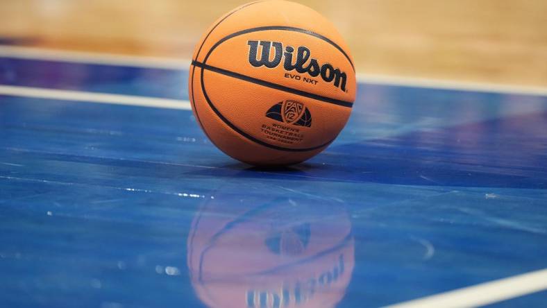 Mar 10, 2024; Las Vegas, NV, USA; A basketball with a Pac-12 Conference logo at the Pac-12 Tournament women's championship game at MGM Grand Garden Arena. Mandatory Credit: Kirby Lee-USA TODAY Sports