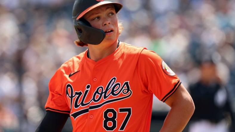 Mar 11, 2024; Tampa, Florida, USA;  Baltimore Orioles shortstop Jackson Holliday (87) looks on first inning against the New York Yankees at George M. Steinbrenner Field. Mandatory Credit: Kim Klement Neitzel-USA TODAY Sports