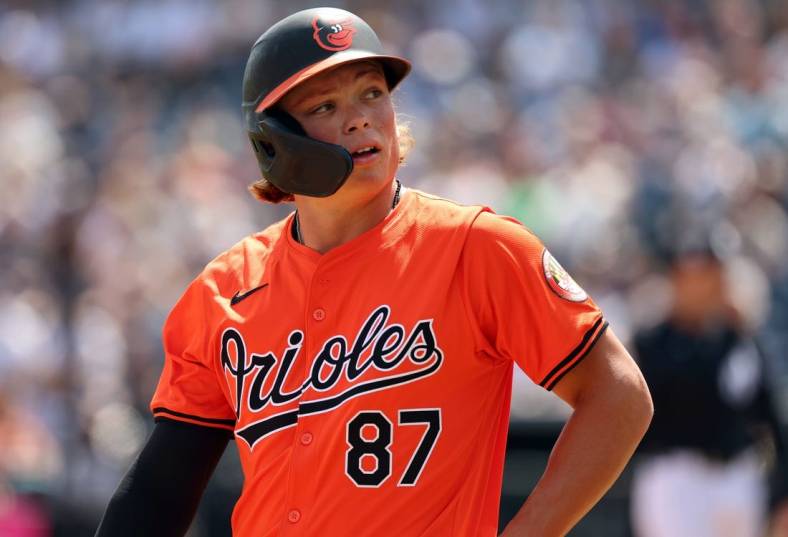 Mar 11, 2024; Tampa, Florida, USA;  Baltimore Orioles shortstop Jackson Holliday (87) looks on first inning against the New York Yankees at George M. Steinbrenner Field. Mandatory Credit: Kim Klement Neitzel-USA TODAY Sports