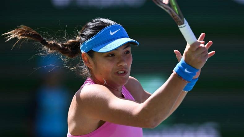 Mar 11, 2024; Indian Wells, CA, USA; Emma Raducanu (GBR) hits a shot in her third round match against Aryna Sabalenka during the BNP Paribas Open at Indian Wells Tennis Garden. Mandatory Credit: Jonathan Hui-USA TODAY Sports