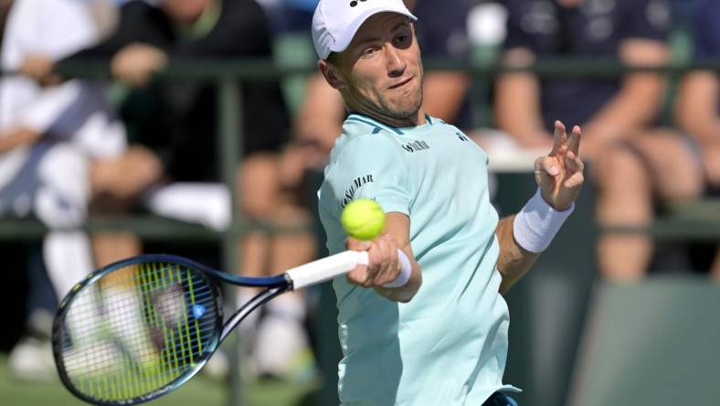 Mar 11, 2024; Indian Wells, CA, USA; Casper Ruud (NOR) hits a shot in his third round match defeating Arthur Fils (FRA) in the BNP Paribas Open at the Indian Wells Tennis Garden. Mandatory Credit: Jayne Kamin-Oncea-USA TODAY Sports