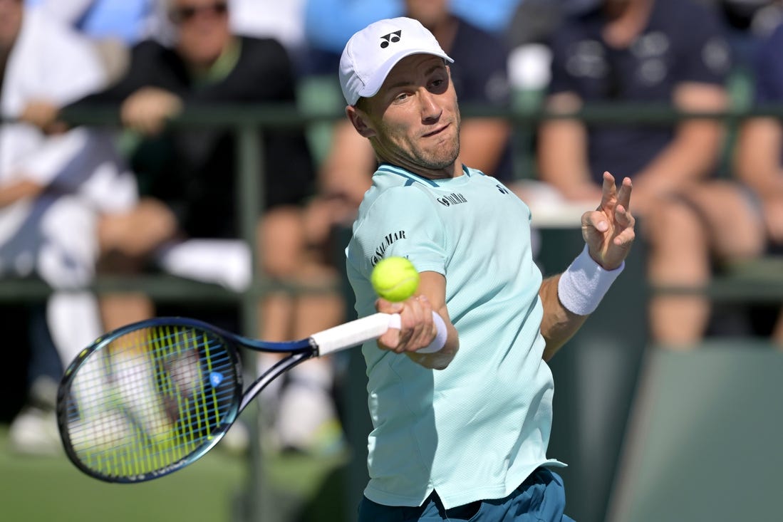 Mar 11, 2024; Indian Wells, CA, USA; Casper Ruud (NOR) hits a shot in his third round match defeating Arthur Fils (FRA) in the BNP Paribas Open at the Indian Wells Tennis Garden. Mandatory Credit: Jayne Kamin-Oncea-USA TODAY Sports