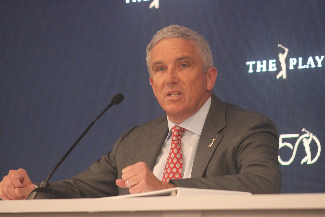 PGA Tour commissioner Jay Monahan speaks during The Players Championship in Ponte Vedra Beach, Florida, on March 12, 2024. [Clayton Freeman/Florida Times-Union]