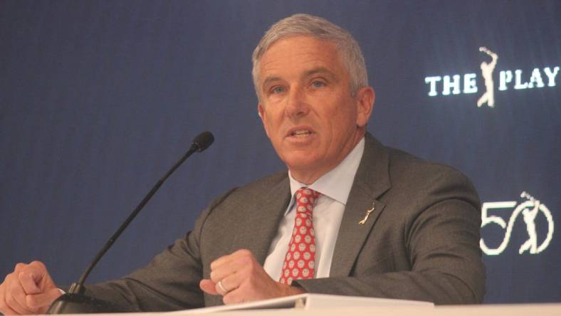 PGA Tour commissioner Jay Monahan speaks during The Players Championship in Ponte Vedra Beach, Florida, on March 12, 2024. [Clayton Freeman/Florida Times-Union]