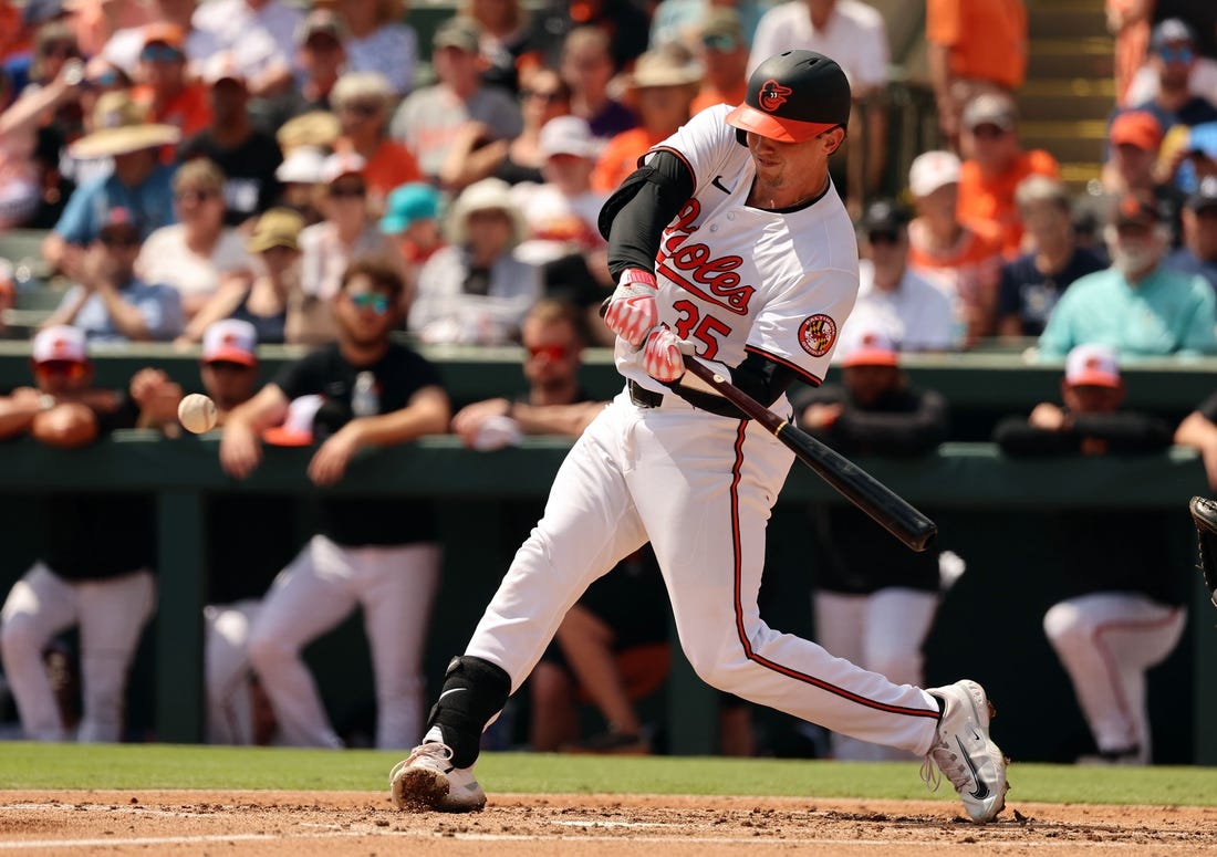 Mar 12, 2024; Sarasota, Florida, USA; Baltimore Orioles catcher Adley Rutschman (35) hits a RBI single during the second inning against the Tampa Bay Rays at Ed Smith Stadium. Mandatory Credit: Kim Klement Neitzel-USA TODAY Sports