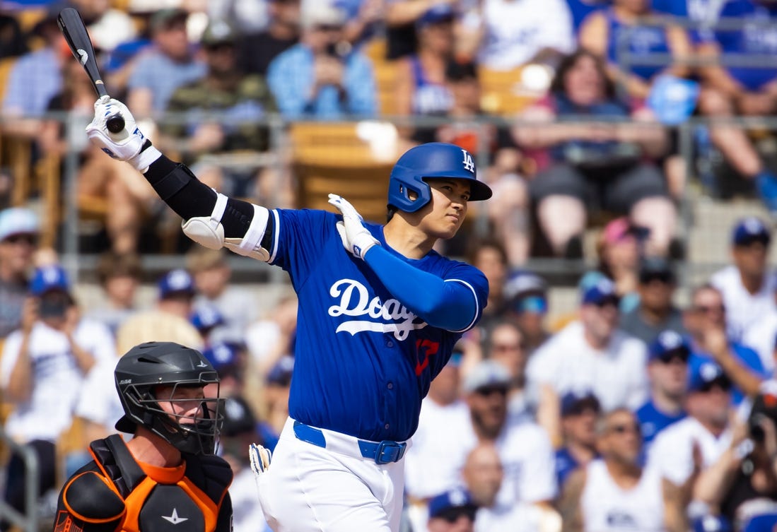 Mar 12, 2024; Phoenix, Arizona, USA; Los Angeles Dodgers designated hitter Shohei Ohtani against the San Francisco Giants during a spring training baseball game at Camelback Ranch-Glendale. Mandatory Credit: Mark J. Rebilas-USA TODAY Sports