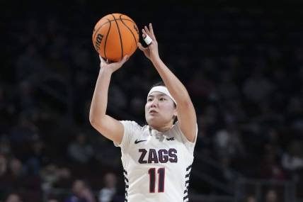 March 12, 2024; Las Vegas, NV, USA; Gonzaga Bulldogs guard Kayleigh Truong (11) shoots the basketball against the Portland Pilots during the second half in the finals of the WCC Basketball Championship at Orleans Arena. Mandatory Credit: Kyle Terada-USA TODAY Sports