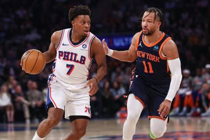 Mar 12, 2024; New York, New York, USA; Philadelphia 76ers guard Kyle Lowry (7) dribbles against New York Knicks guard Jalen Brunson (11) during the first quarter at Madison Square Garden. Mandatory Credit: Vincent Carchietta-USA TODAY Sports