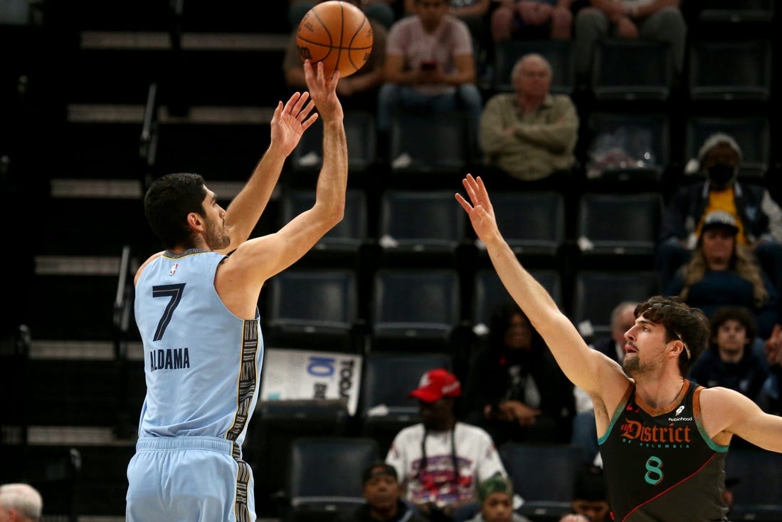 Mar 12, 2024; Memphis, Tennessee, USA; Memphis Grizzlies forward-center Santi Aldama (7) shoots for three as Washington Wizards forward Deni Avdija (8) defends during the first half at FedExForum. Mandatory Credit: Petre Thomas-USA TODAY Sports