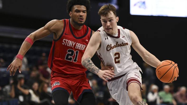 Mar 12, 2024; Washington, D.C., USA; General game action during the second half and over time of the Coastal Conference Tournament finals between the College of Charleston Cougars and the Stony Brook Seawolves at Entertainment and Sports Arena. Mandatory Credit: Tommy Gilligan-USA TODAY Sports