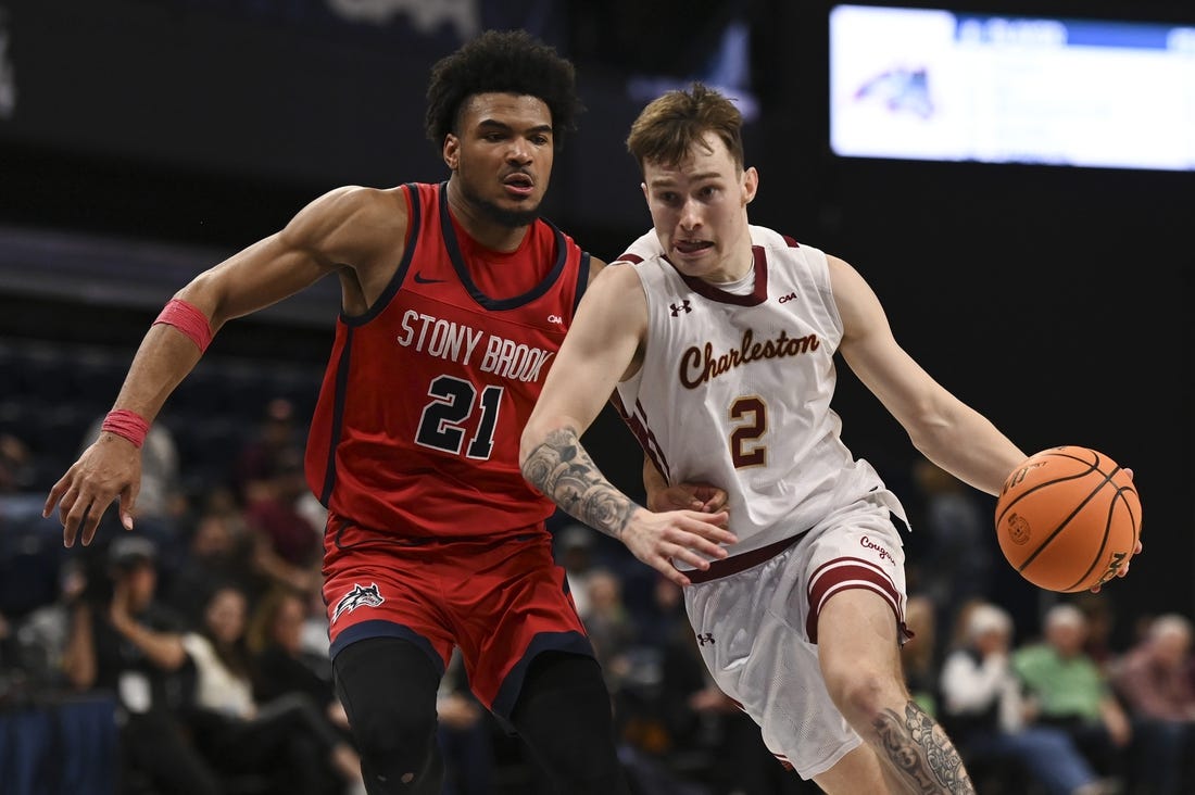 Mar 12, 2024; Washington, D.C., USA; General game action during the second half and over time of the Coastal Conference Tournament finals between the College of Charleston Cougars and the Stony Brook Seawolves at Entertainment and Sports Arena. Mandatory Credit: Tommy Gilligan-USA TODAY Sports