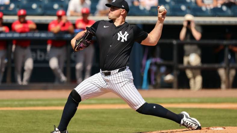 Mar 13, 2024; Tampa, Florida, USA; New York Yankees starting pitcher Carlos Rodon (55) throws a pitch during the first inning Boston Red Sox at George M. Steinbrenner Field. Mandatory Credit: Kim Klement Neitzel-USA TODAY Sports