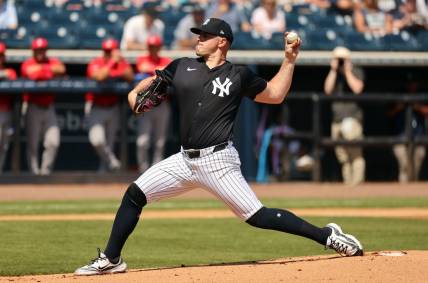Mar 13, 2024; Tampa, Florida, USA; New York Yankees starting pitcher Carlos Rodon (55) throws a pitch during the first inning Boston Red Sox at George M. Steinbrenner Field. Mandatory Credit: Kim Klement Neitzel-USA TODAY Sports