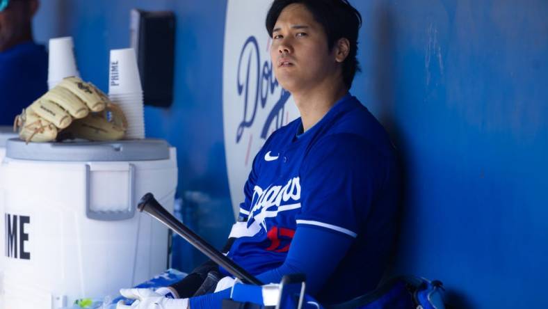 Mar 13, 2024; Phoenix, Arizona, USA; Los Angeles Dodgers designated hitter Shohei Ohtani against the Seattle Mariners during a spring training game at Camelback Ranch-Glendale. Mandatory Credit: Mark J. Rebilas-USA TODAY Sports