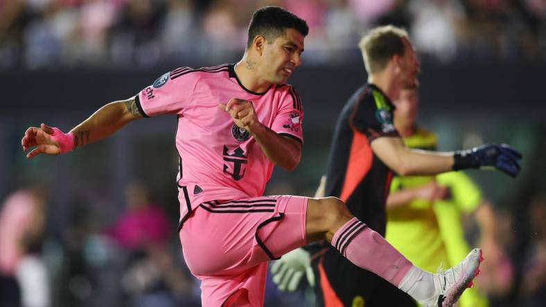 Mar 13, 2024; Fort Lauderdale, FL, USA; Inter Miami CF forward Luis Suarez (9) reacts against Nashville SC during the second half at Chase Stadium. Mandatory Credit: Sam Navarro-USA TODAY Sports