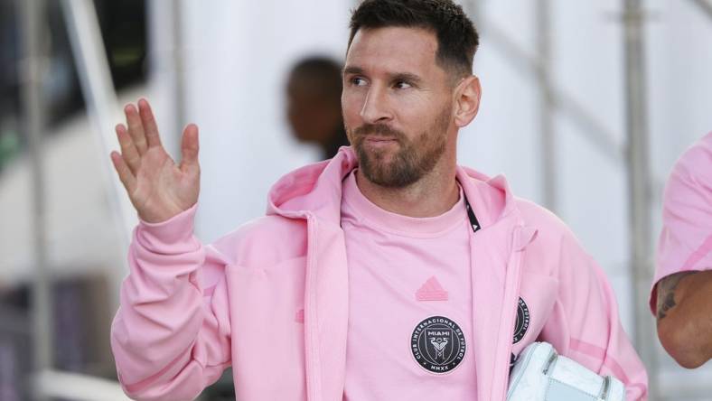 Mar 13, 2024; Fort Lauderdale, FL, USA;  Inter Miami CF forward Lionel Messi (10) arrives for a Concacaf round of sixteen match against Nashville SC at Chase Stadium. Mandatory Credit: Nathan Ray Seebeck-USA TODAY Sports